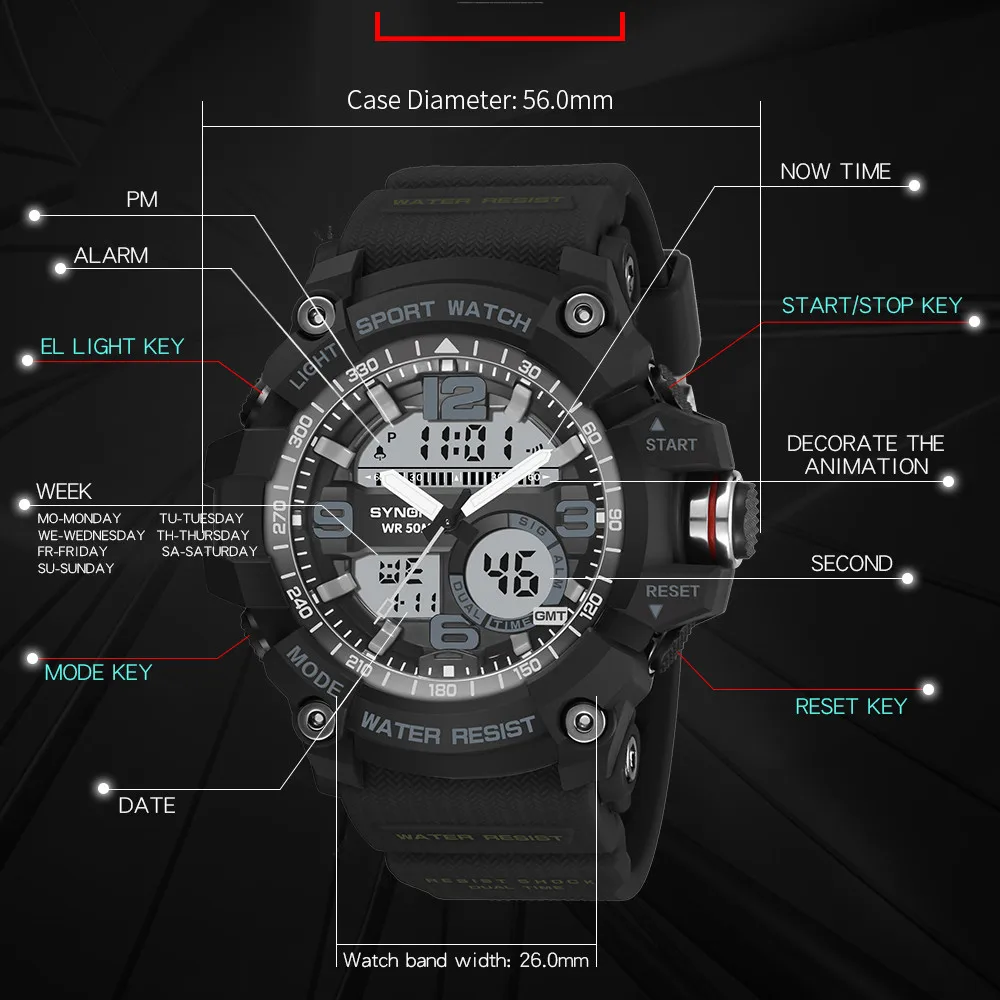 SYNOKEMilitary спортивные часы с большим циферблатом аналоговые кварцевые цифровые часы мужские водонепроницаемые наручные часы Мужские часы