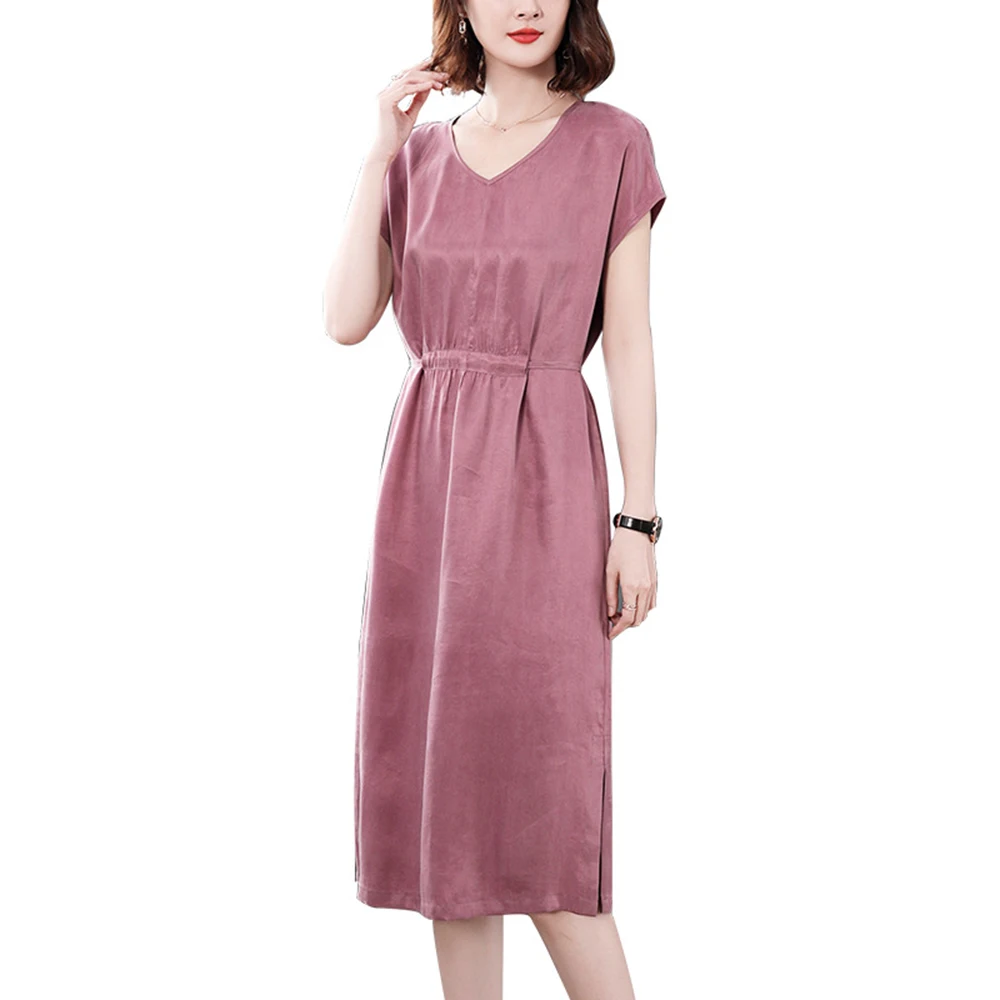 

LKlady Dress New Medium Long Section Temperament V-neck Sleeveless Waist Copper Ammonia Silk Lady A Word Dress Summer