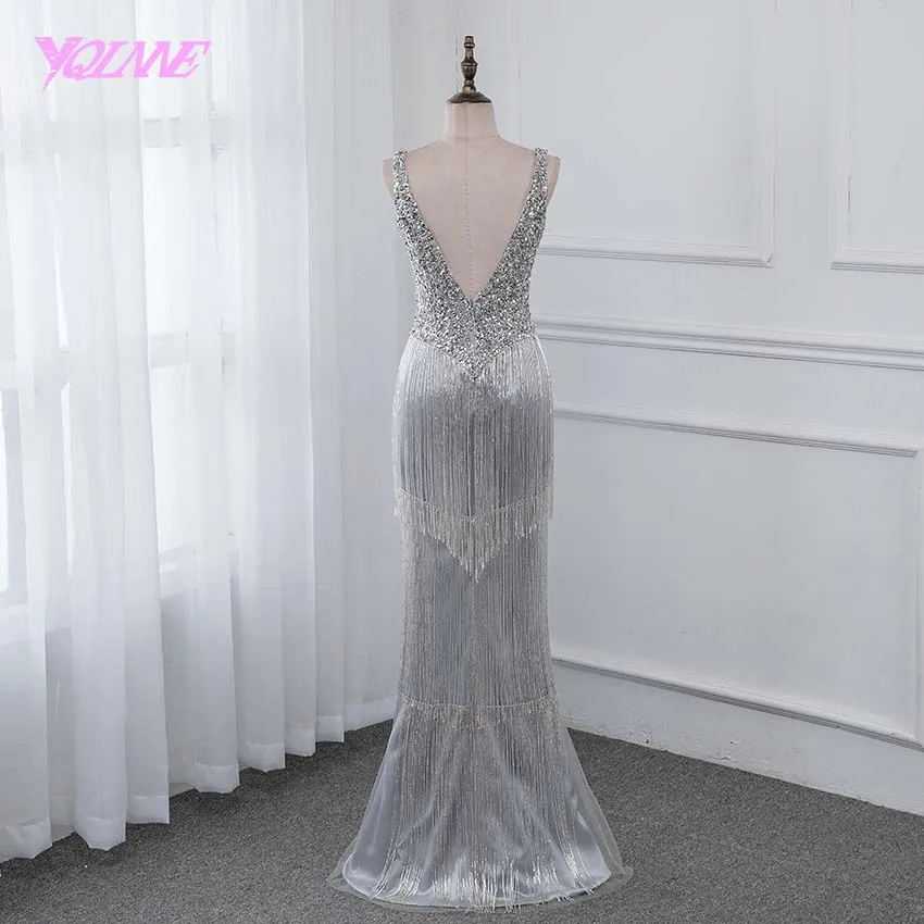 Günstige YQLNNE Neue 2019 Luxus Abendkleid Pageant Kleider V ausschnitt Perlen Quaste Mode Abendkleid Wettbewerb Kleid Backless