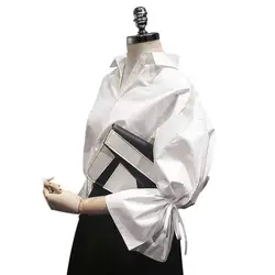 Модная белая блузка Для женщин blusas mujer de moda 2018 v-образным вырезом лук с расклешенными рукавами офисные рубашки топы Повседневное Blusa S-XL V002