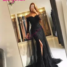 Черное мусульманское вечернее платье Русалка 3/4 рукав кружево бисерный разрез исламский Дубай Кафтан Саудовская Арабский длинное платье для выпускного вечера