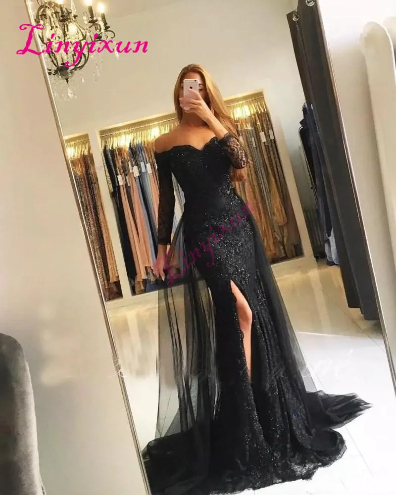 

Black Muslim Evening Dresses 2018 Mermaid 3/4 Sleeves Lace Beaded Slit Islamic Dubai Kaftan Saudi Arabic Long Prom Gown