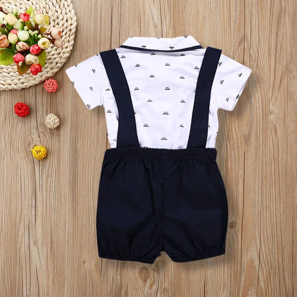 2PCS Baby Rompers Christening Baptism Baby jumpsuit Newborn infant Clothes kids chird Gentleman Boy Suspender Rompers