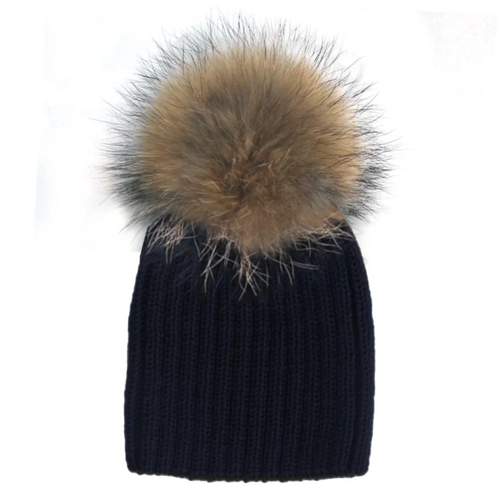 

Detachable Real Fox Fur Pompons Baby Hats Warm Knitted Winter Beanie For Boys Girls Pom Pom Thick Kids Lovey Bonnet Hat Cap Bone