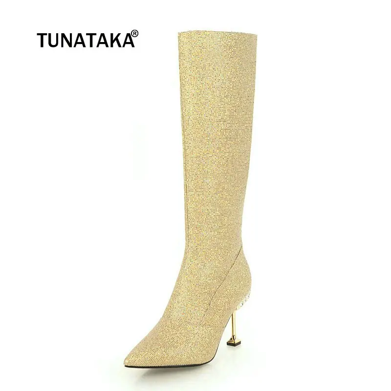 

Women Sequined Cloth Crystal Thin Heel Knee High Boots Fashion Zipper Boots Ladies Pointed Toe Warm Winter Shoes Black Silver