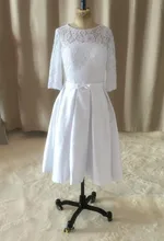 2016 White Ivory New Custom Matched Bow Sash Knee Length A-Line 3/4 Sleeve Lace Short Vintage Wedding Dresses Bridal Gowns W2006