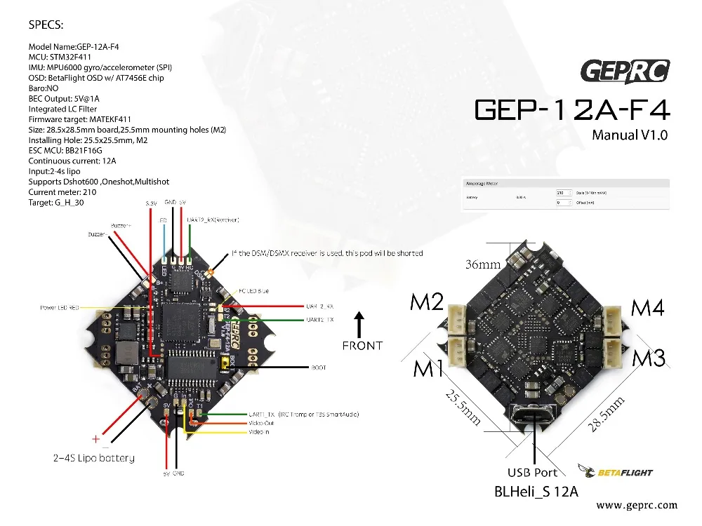 GEPRC GEP-12A-F4 V1.2 Полетный контроллер F411 F4 12A ESC Поддержка 2-4s батарея F411 для RC DIY крошечные дроны в помещении гонки