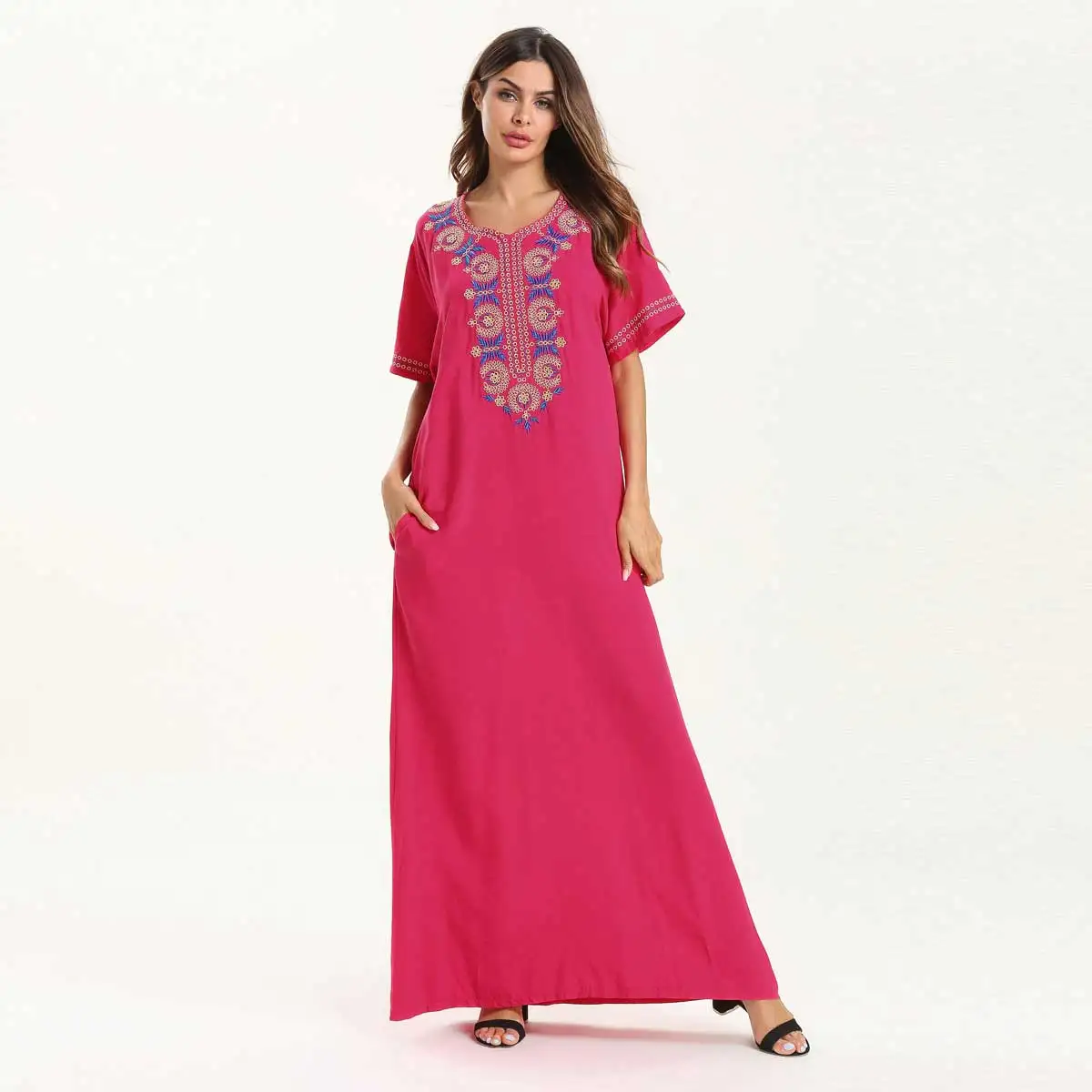 

Women summer maxi Dress short sleeve Embroidery Ethnic muslim abaya Dubai Kaftan Islamic arabic ramadan robe Fashion VKDR1534