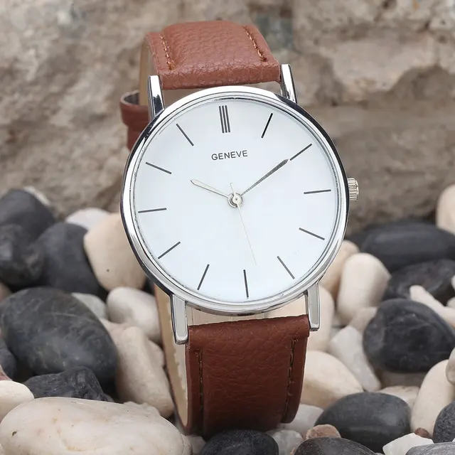 GENEVA Silver Simple Dial Watches Casual Women Men Leather Strap Quartz