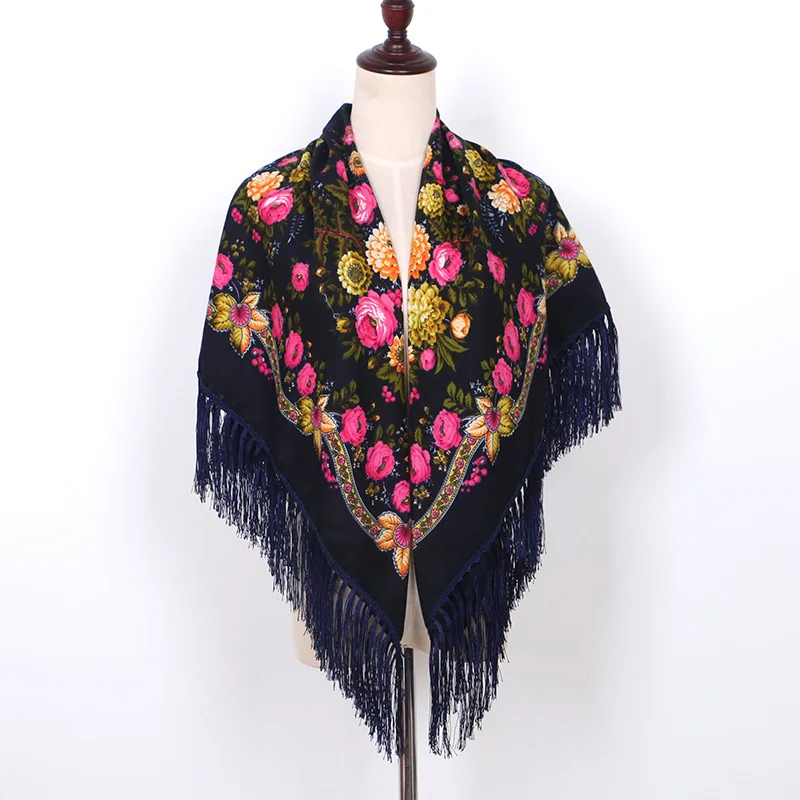 [FAITHINK] Модный женский шарф с цветочным принтом и кисточками, весенне-осенний квадратный палантин, мусульманский головной убор, хлопковое женское пончо с цветочным принтом