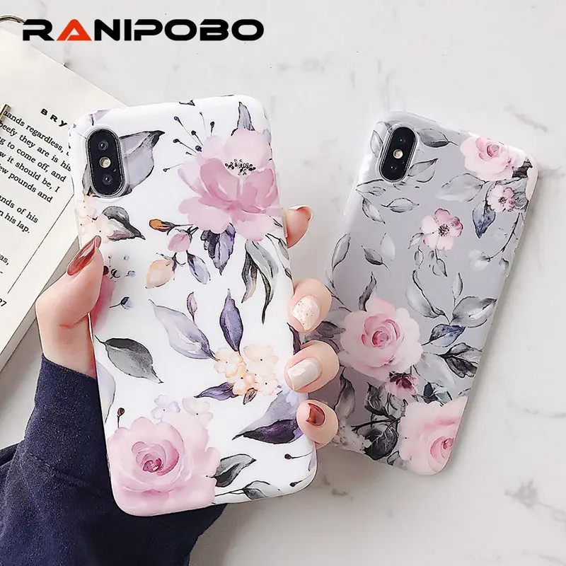 

Classical Retro Flower Leaves Phone Case For iPhone X 6 6S 7 8 Plus XR XS Max Soft IMD Floral Pattern Back Cover Cases