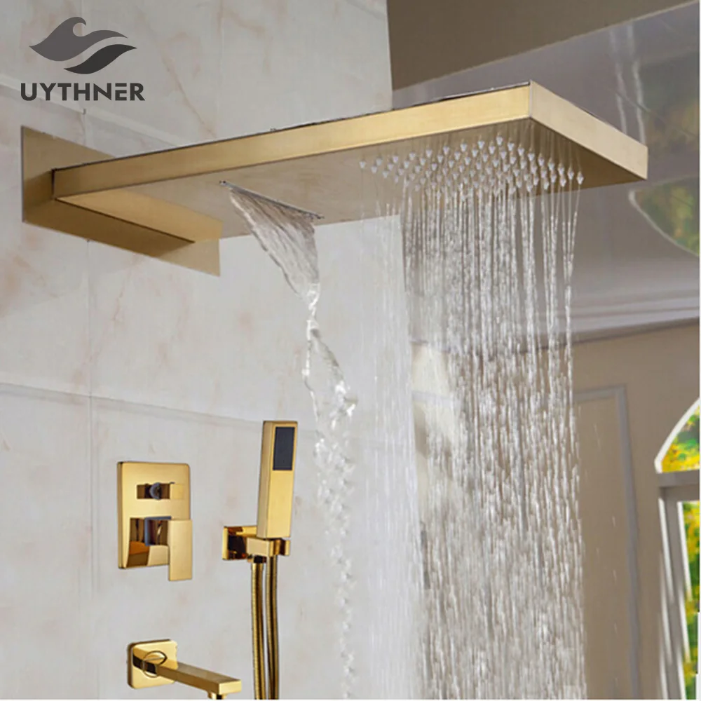 Uythner Newly Arrival Golden Shower Head 3 Ways Valve Mixer Rainfall