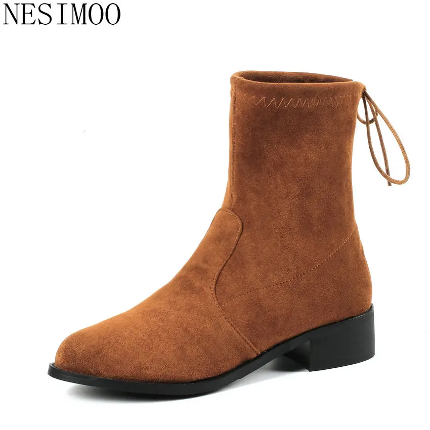 

NESIMOO 2019 Lace Up Women Boots Women Ankle Boots Fashion Square Heel Round Toe All Match Fashion Black Women Shoes Size 34-43