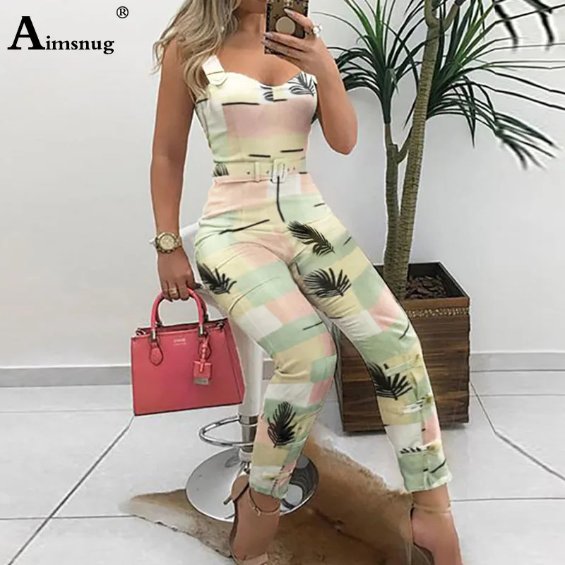 

Aimsnug Office Lady Jumpsuits V Neck Buckle Overalls Women Body Femme Macacao Feminino Leaf Print Playsuit Sleeveless Jumpsuit