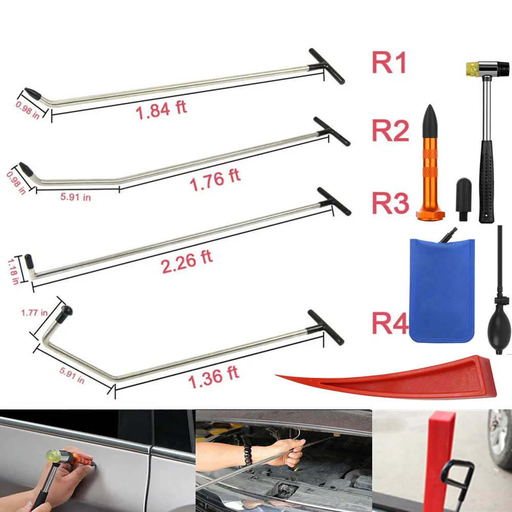 

PDR Rods Tools PDR Hook Tools Push Rod with 8 pcs tap down heads repair hammer tools pum wedge repair tools & kits