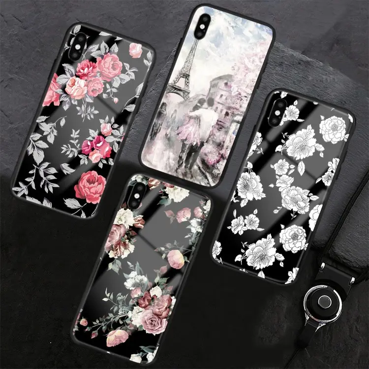 Tempered glass phone case romantic travel Flower Pattern cover for iPhone X XR XS Max 8 7 6s Plus for Samsung s8 s9 plus s7 Edge