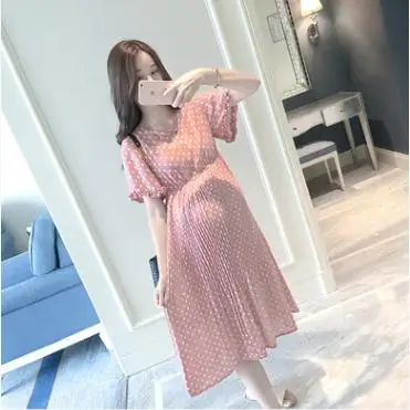 

Maternity Dresses 2019 Summer Fashion Clothes for Pregnant Women Polka Dot Print Chiffon Short-sleeved Maternity Dress QL108