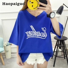 Blue White Embroidery Letter Summer Tshirt Women Half Sleeve Long Streetwear Letter Printed T-shirt Women Tops Tee Shirt Femme letter embroidery t shirt