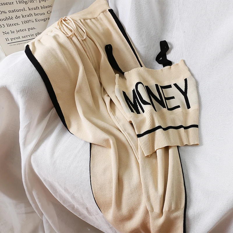 

Knitted Suit Women Spring New Korea Retro Chic Alphabet Printed Vest Casual Pants Two-piece Set 2piece Set Sweatsuits for Women