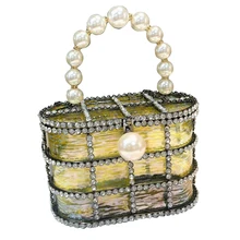 Жемчужная винтажная Женская вечерняя сумка с металлическими выемками и бриллиантами, вечерние сумки на плечо и через плечо, Свадебный клатч, сумочка в клетку