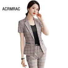 Женские костюмы, тонкие летние клетчатые блейзеры, брюки длиной до щиколотки, Деловые женские брючные костюмы, женские комплекты, костюмы 9833