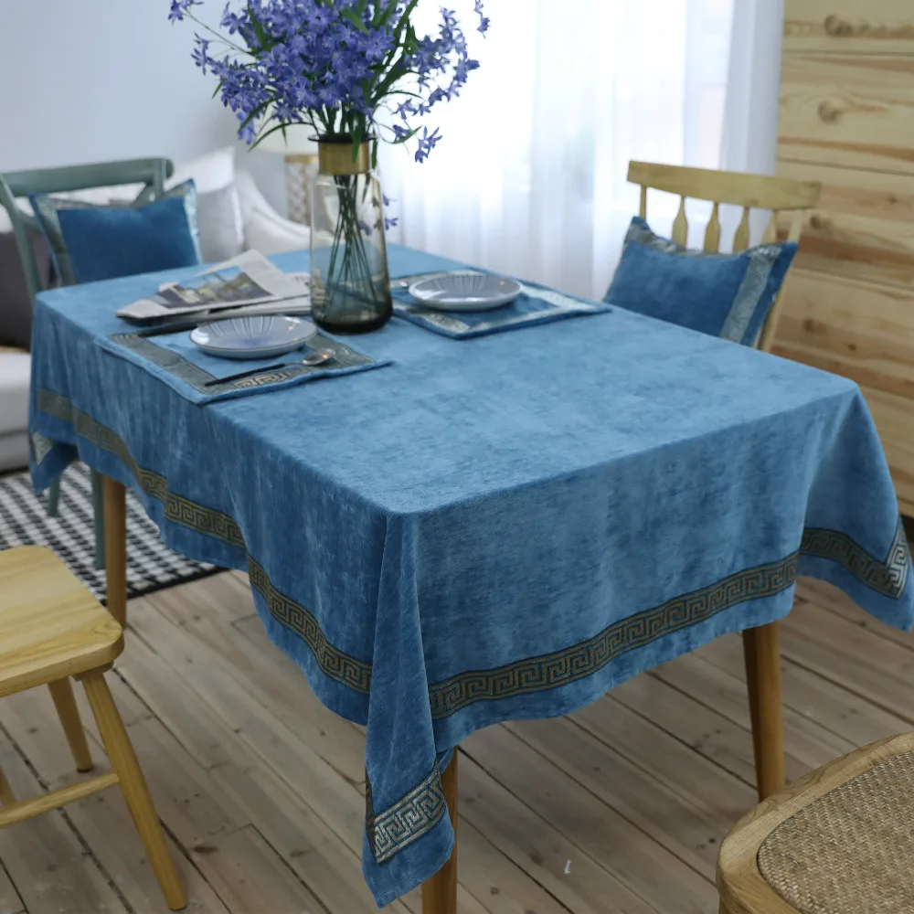 

WLIARLEO Luxury Tablecloth Blue Velvet Embroidered Tableclothes Decoration Wedding Table Cover Table Runner manteles para mesa