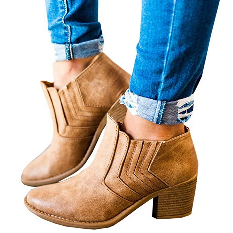 Новые ботинки; женские ботильоны на высоком квадратном каблуке; botas zapatos mujer; кожаная зимняя обувь в стиле ретро; Женские ботинки в ковбойском стиле; большие размеры - Цвет: Коричневый