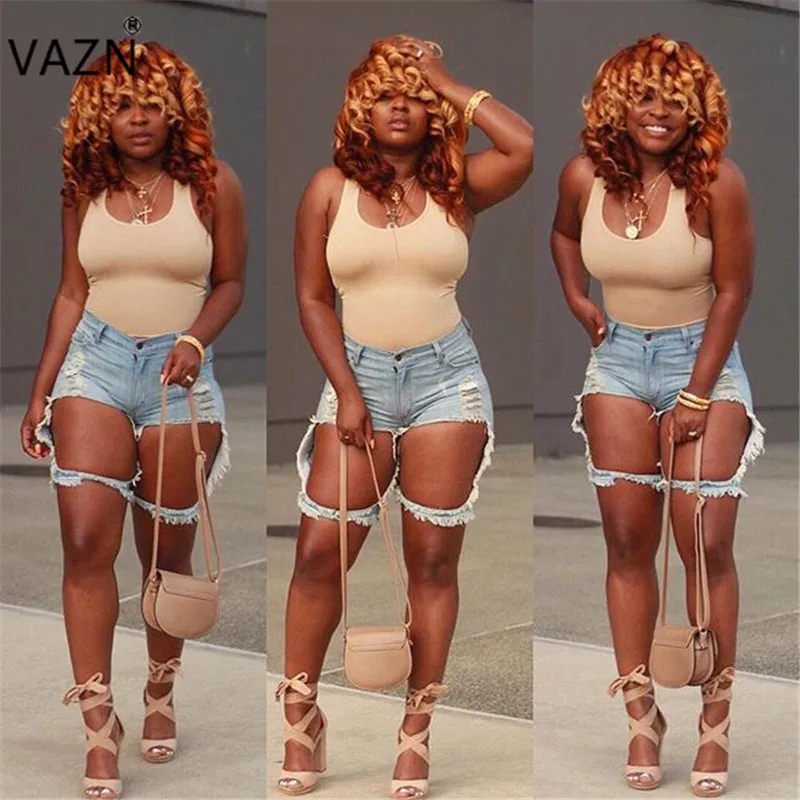 

VAZN Novelty Sexy Best Quality 2018 Women Denim Knee Length Pants Solid Hollow Out Personality High Street Short Pants SY0810