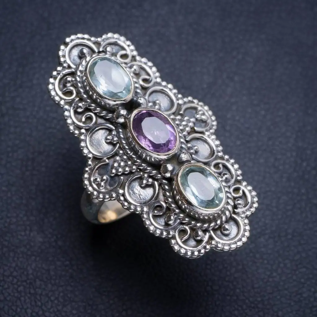 

Natural Blue Topaz and Amethyst Handmade Unique 925 Sterling Silver Ring 6.25 Y4674