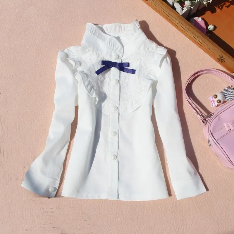 

2-15Y 2017 Baby Toddler Teenage School Girls Blouse Fall White Long Sleeve Lace Chiffon Ruffles Bow Girl Tops Kids Shirts JW2512