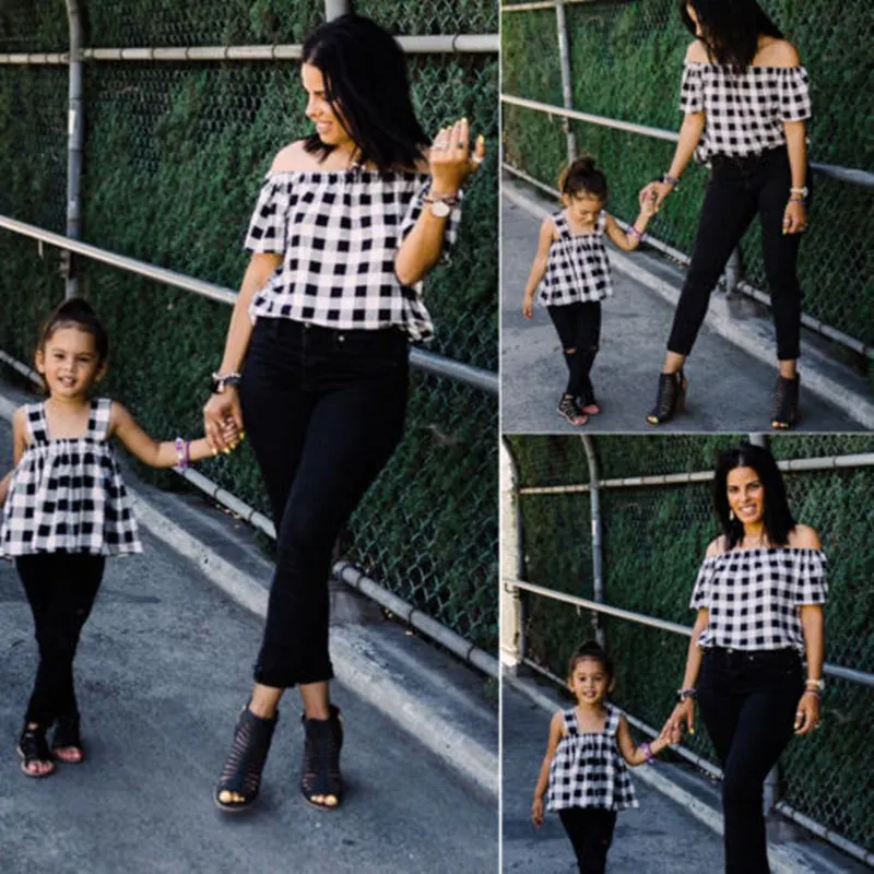 Summer-Family-Match-Off-Shoulder-Plaid-T-Shirt-Mother-Daughter-Kid-Girls-Casual-Top-T-Shirt (1)