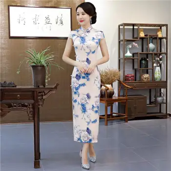 

2020 New Women Chinese Traditional Dress Print Flower Slim Cheongsam Vestidos Elegant Mandarin Collar Lady Oversize Qipao M-3XL