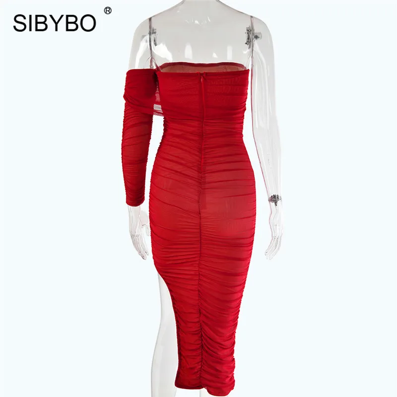 Sibybo Сетчатое пикантное платье с разрезом без бретелек, женское Плиссированное осеннее длинное платье с открытой спиной, Клубное вечернее платье vestidos