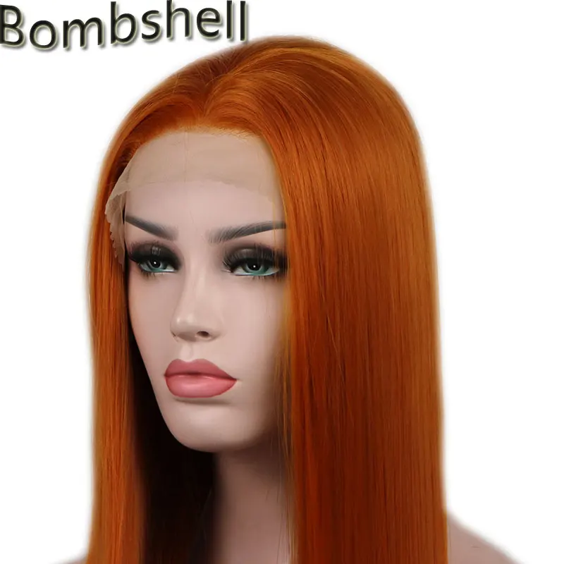 

Bombshell 180% Density Straight Orange Synthetic hair Lace Front Wig Natural Hairline Middle Part For White Yellow Women Wigs