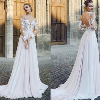 

Scoop Tulle Neckline Long Sleeves Lace Applique A-line Wedding Dress with Backless Sweep Train Illusion Robe de mariée
