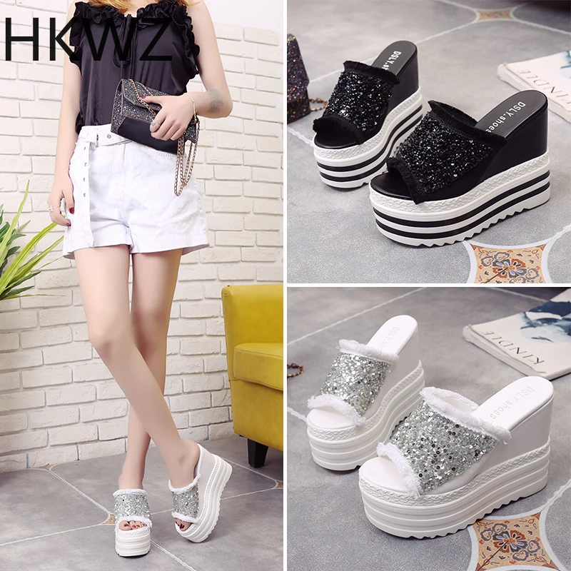 

Brand new summer muffin bottom round toe ladies slipper sequins super high heel 12cm non-slip wedges ladies fashion wild sandals