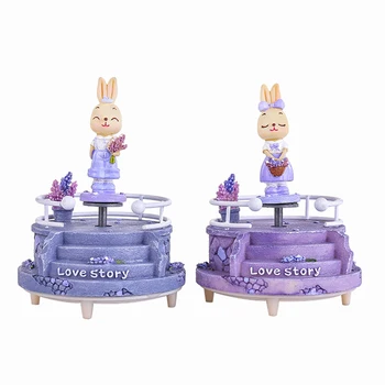 

Cute Lavender Couple Rabbit Music Box Gifts For The New Year Creative Resin Crafts Birthday Present Home Decoration Accessories