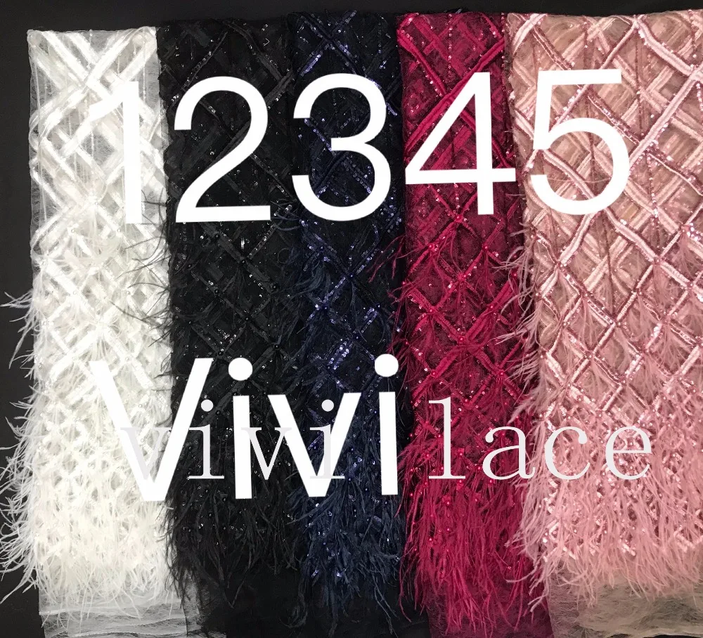 

TT001 stock promotion! 5 color luxury feather pearsl sequin embroidery lace mesh african fabric for Wedding bridal dress
