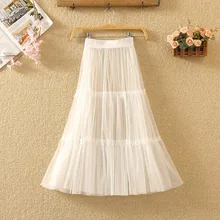 Женская Лоскутная длинная Плиссированная летняя юбка, Женская Офисная сексуальная юбка в стиле бохо с высокой талией, прозрачная фатиновая сетчатая кружевная белая юбка миди