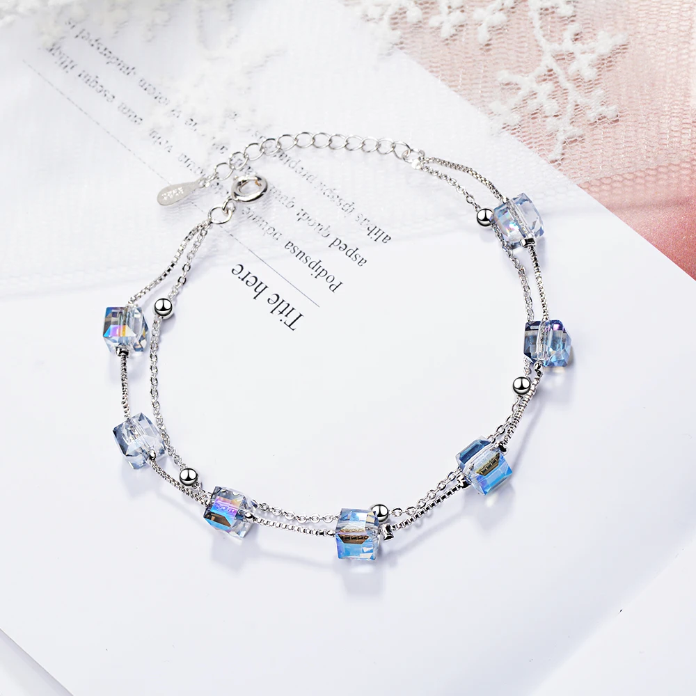 Квадратный хрустальный браслет для женщин простые двойные слои браслет цепочка 925 ювелирные изделия из чистого серебра подарок для девочек SL108