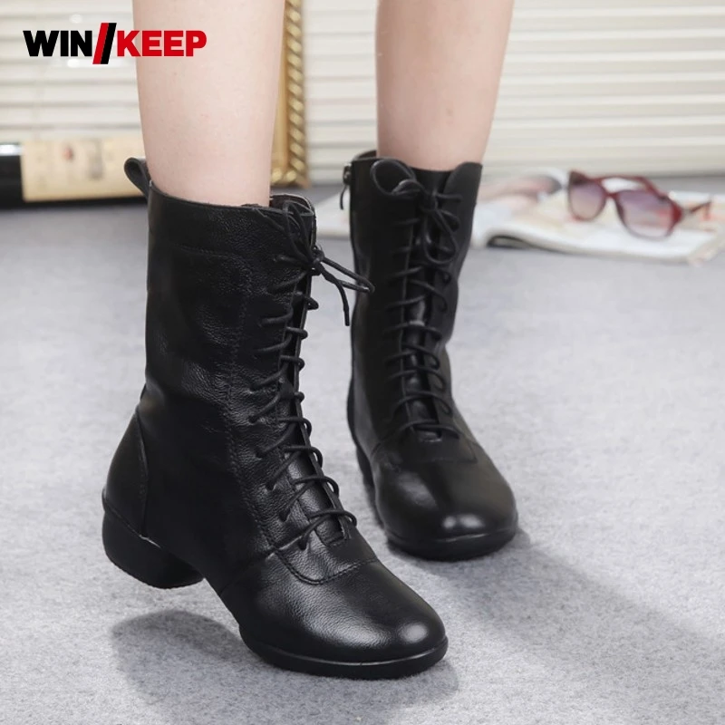 

2018 New Women Lace Up Dance Sneakers Hollow Leather Shoes Soft Warm Breathable Jazz Dancers Dance Shoes Coupon Fleece Lining