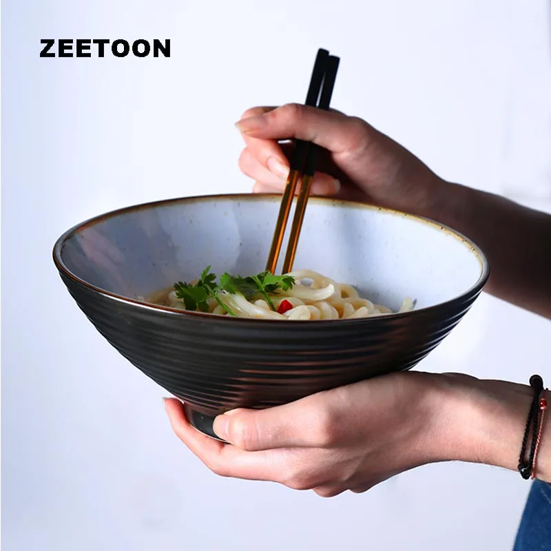 8 Inch Japanese style Noodle Bowl Ceramic Porcelain Underglaze Thread