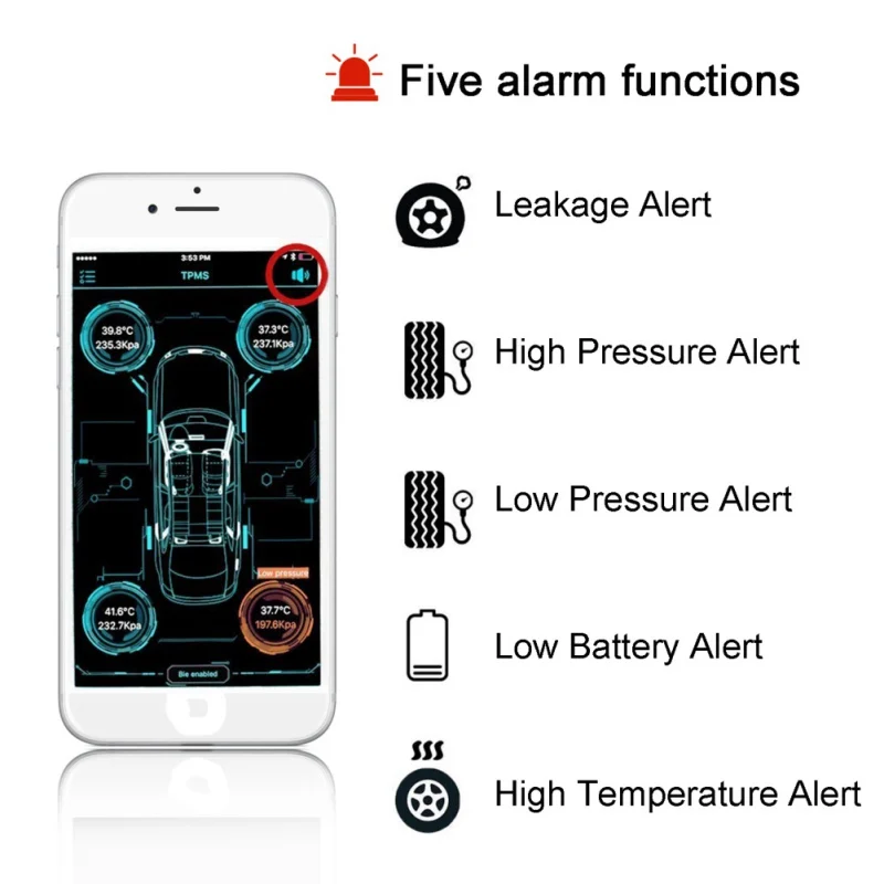 Система контроля давления в автомобильных шинах, беспроводная система TPMS, внешние датчики, сигнализация температуры в реальном времени, Bluetooth 4,0, приложение, дисплей