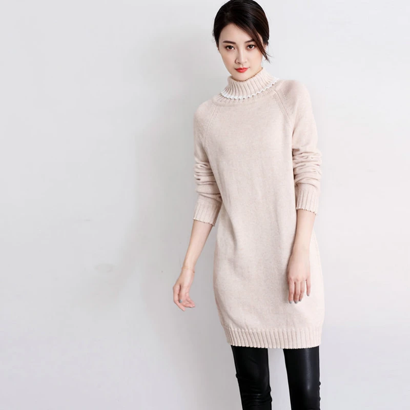 Autumn new high collar long section warm cashmere sweater solid color long sleeve loose large size fashion comfortable sweater