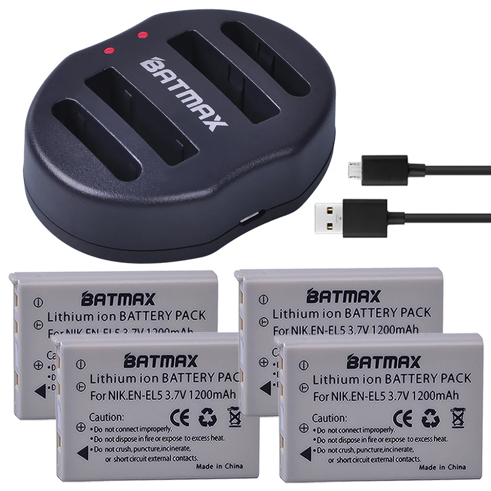 4 Pack EN EL5 Li ion Digital Camera Batteries+EN EL5 Battery Dual USB