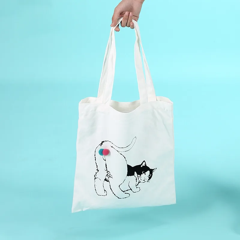 

YILE White Canvas Shopping Tote Shoulder Bag Print Cat With Two Wool Ball ZT02c