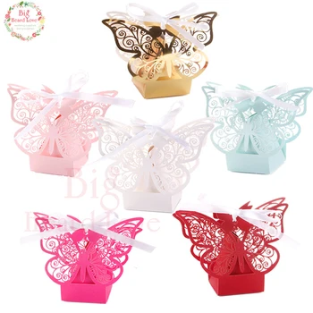 

50pcs/lot Red Golden Laser Cut Butterfly Candy Box with Ribbon Wedding Favor Candy Chocolate Box Baby Shower Party Decoration