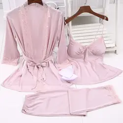 Новые весенние женские на бретельках + халат + брюки 3 шт пижамы ночной костюм из вискозы кружевной отделкой пижамы комплект для дома