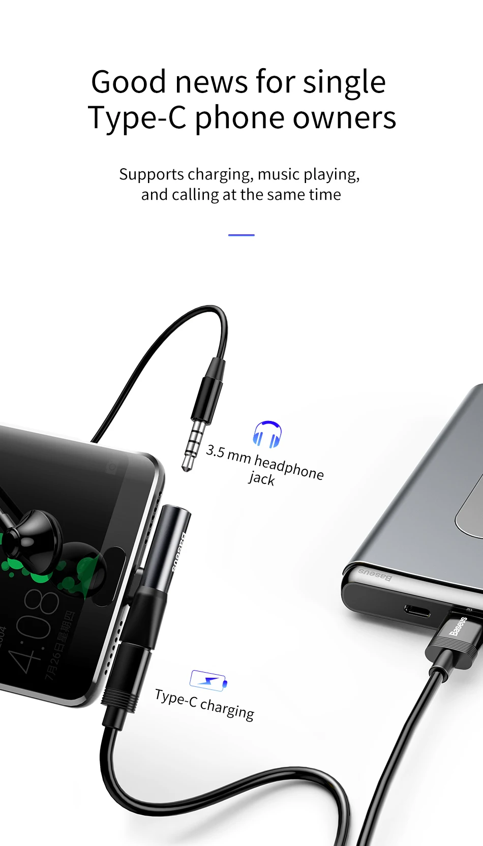 Baseus usb type C до 3,5 мм Jack адаптер для Xiaomi Mi 8 6 huawei P20 Pro type-C OTG зарядный кабель Jack 3,5 мм удлинитель для наушников