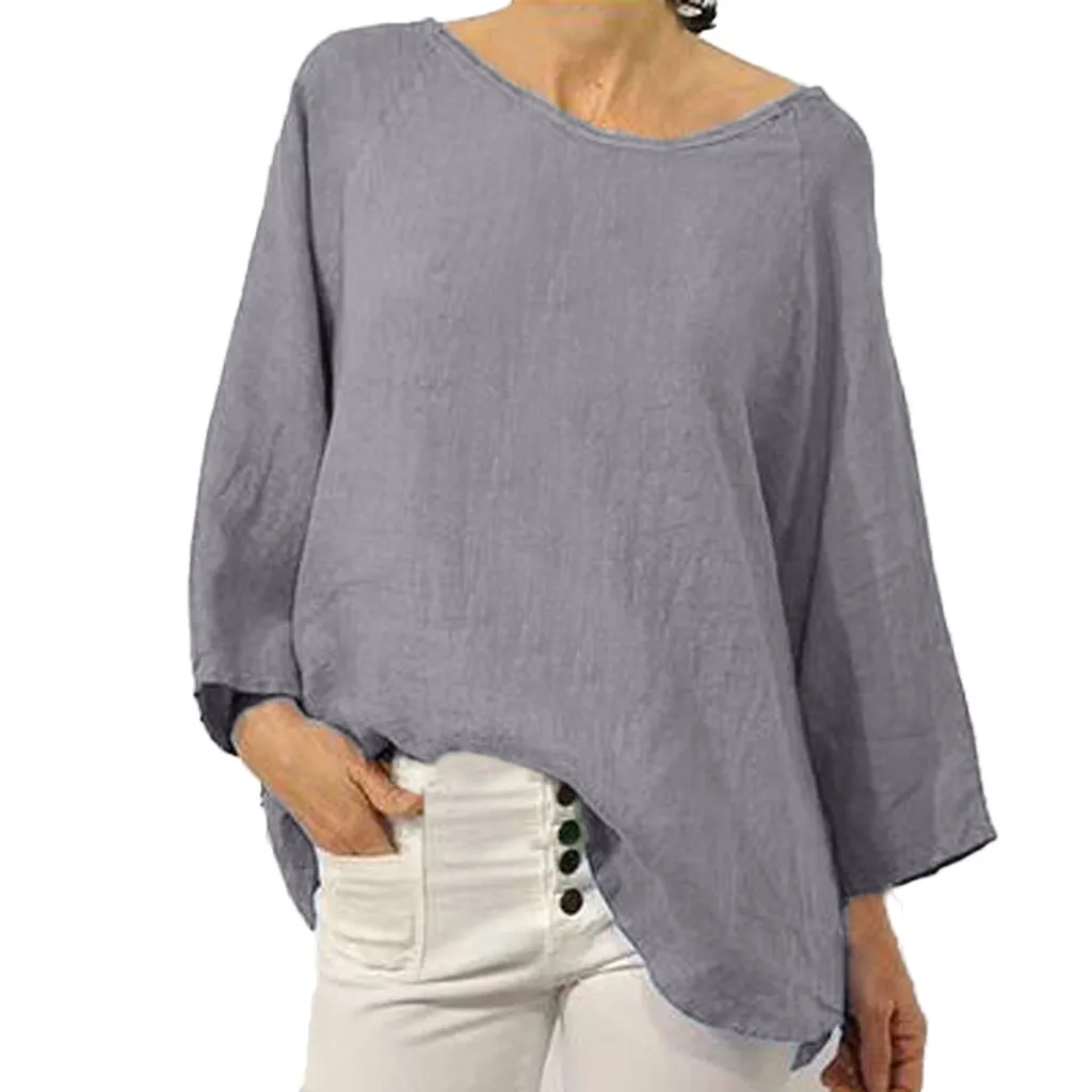 

2019 Summer Tops Women Flower Perfume t shirt Solid Color Cotton And Linen Split T Shirt Women Long Sleeve dropshipping